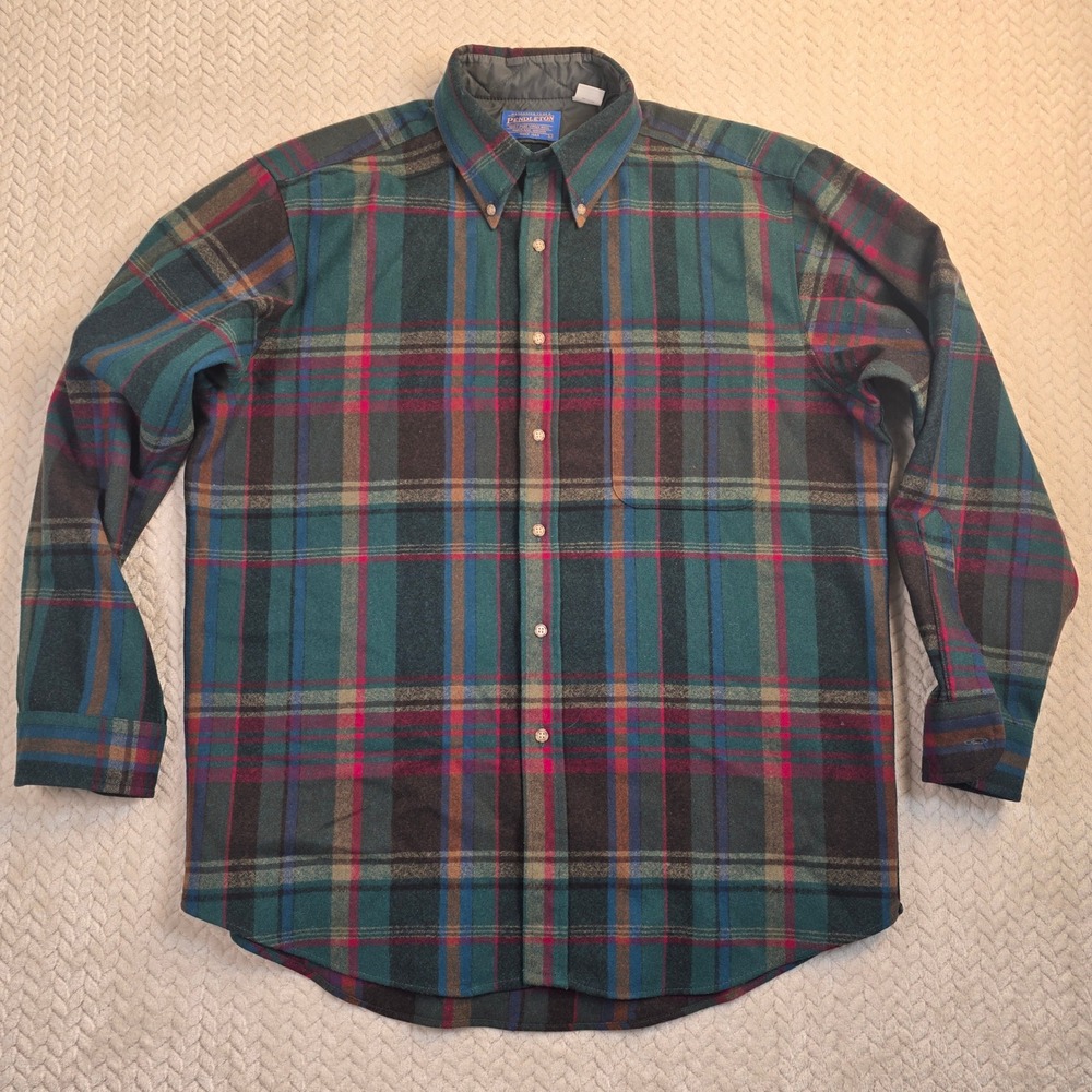 Vintage Pendleton Mens USA Made 100% Wool Pocket Red Green Plaid Shirt Large